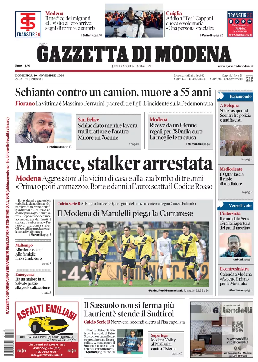 Prima-pagina-gazzetta di modena-oggi-edizione-del-2024-11-10